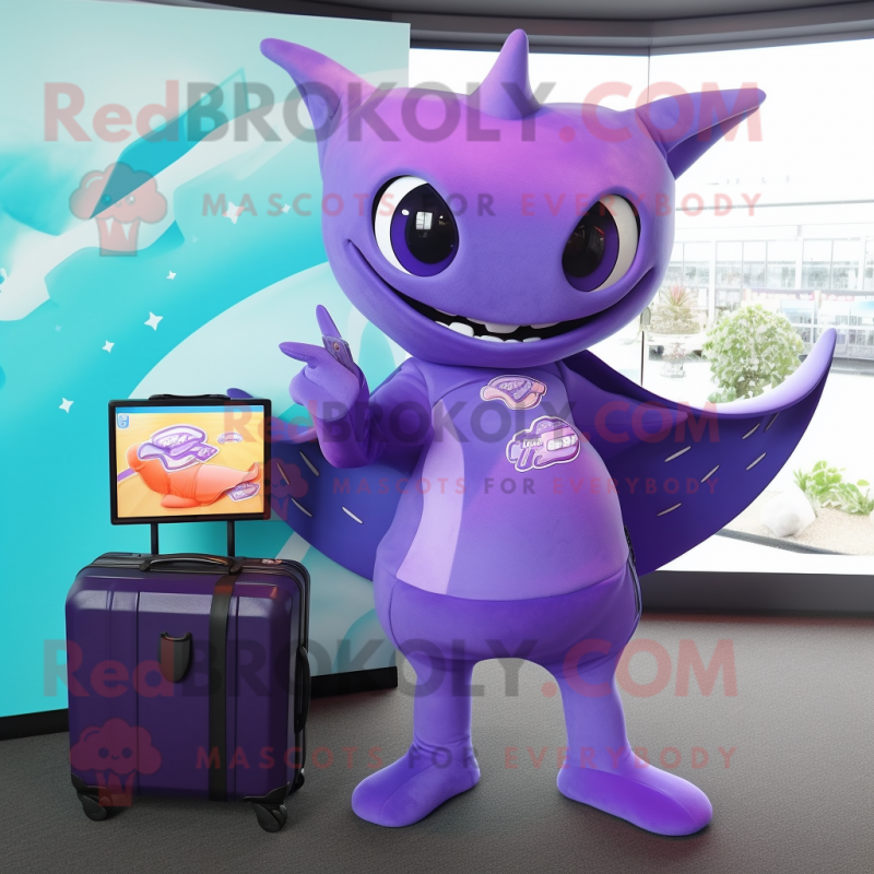 Purple Manta Ray mascot costume character dressed with a Playsuit and Briefcases Purple Manta Ray mascot costume character dressed with a Playsuit and Briefcases
