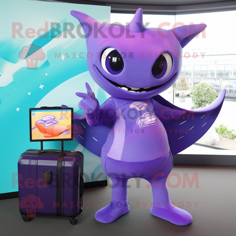 Purple Manta Ray mascot costume character dressed with a Playsuit and Briefcases