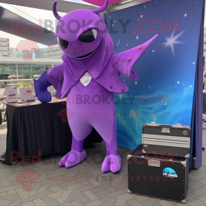 Purple Manta Ray mascot costume character dressed with a Playsuit and Briefcases