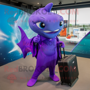 Purple Manta Ray mascot costume character dressed with a Playsuit and Briefcases