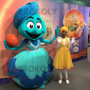 Teal Tikka Masala mascot costume character dressed with a Ball Gown and Headbands