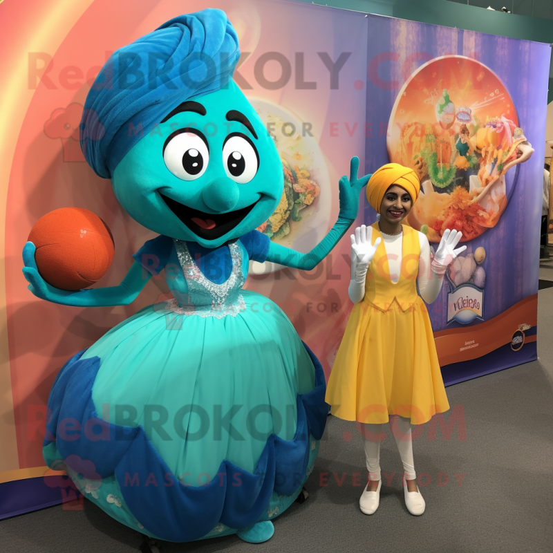 Teal Tikka Masala mascot costume character dressed with a Ball Gown and Headbands Teal Tikka Masala mascot costume character dressed with a Ball Gown and Headbands