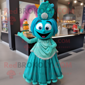 Teal Tikka Masala mascot costume character dressed with a Ball Gown and Headbands