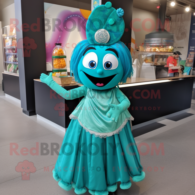 Teal Tikka Masala mascot costume character dressed with a Ball Gown and Headbands Teal Tikka Masala mascot costume character dressed with a Ball Gown and Headbands