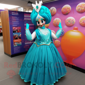 Teal Tikka Masala mascot costume character dressed with a Ball Gown and Headbands