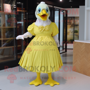 Lemon Yellow Muscovy Duck mascot costume character dressed with a Wrap Skirt and Clutch bags