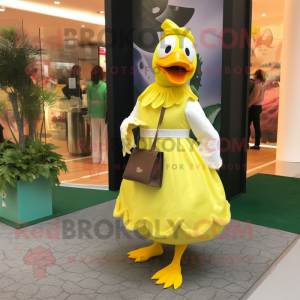 Lemon Yellow Muscovy Duck mascot costume character dressed with a Wrap Skirt and Clutch bags