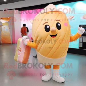 Peach Ice Cream mascot costume character dressed with a Polo Shirt and Clutch bags