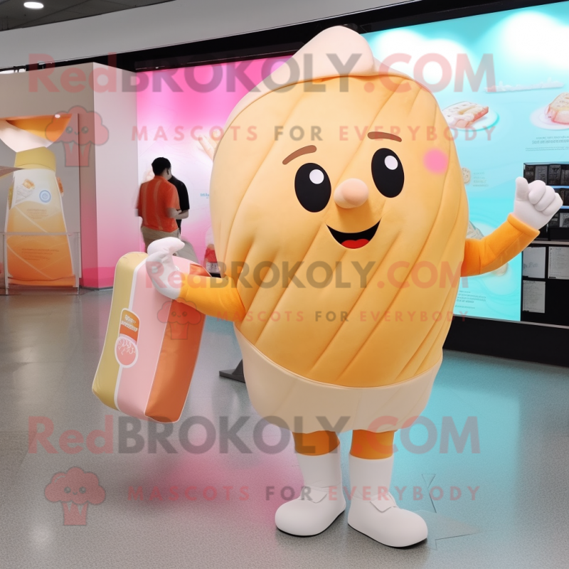 Peach Ice Cream mascot costume character dressed with a Polo Shirt and Clutch bags Peach Ice Cream mascot costume character dressed with a Polo Shirt and Clutch bags
