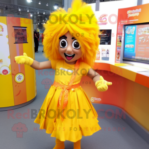 Yellow Tikka Masala mascot costume character dressed with a Mini Skirt and Hair clips