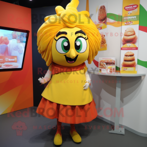 Yellow Tikka Masala mascot costume character dressed with a Mini Skirt and Hair clips