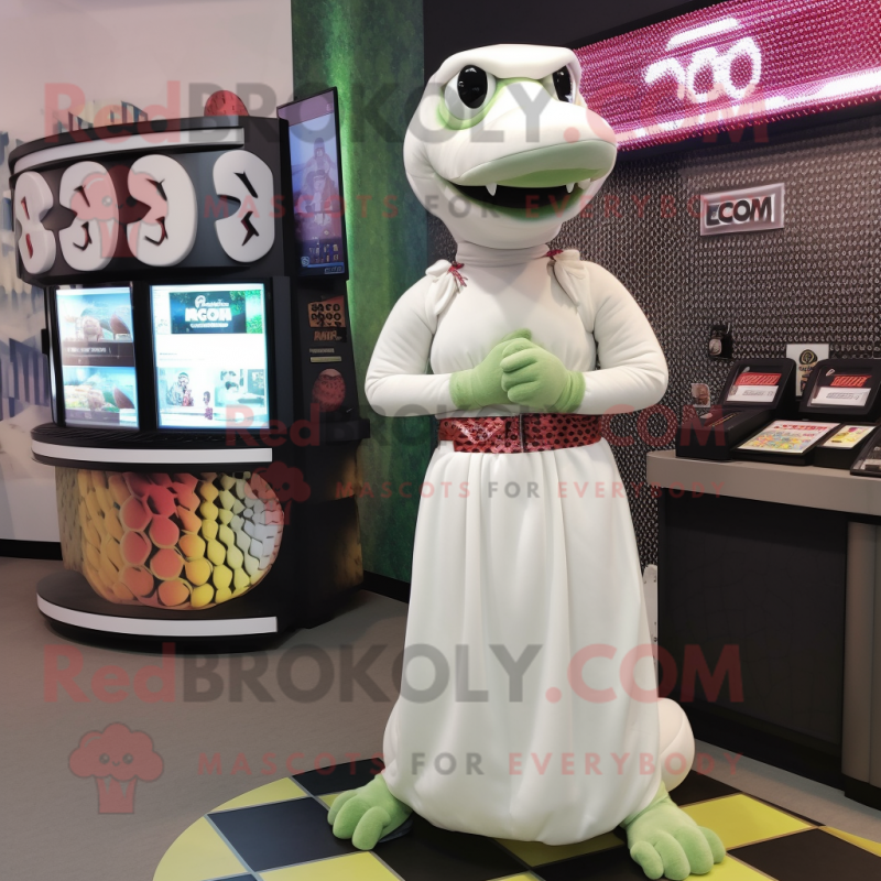 White Anaconda mascot costume character dressed with a Skirt and Keychains White Anaconda mascot costume character dressed with a Skirt and Keychains