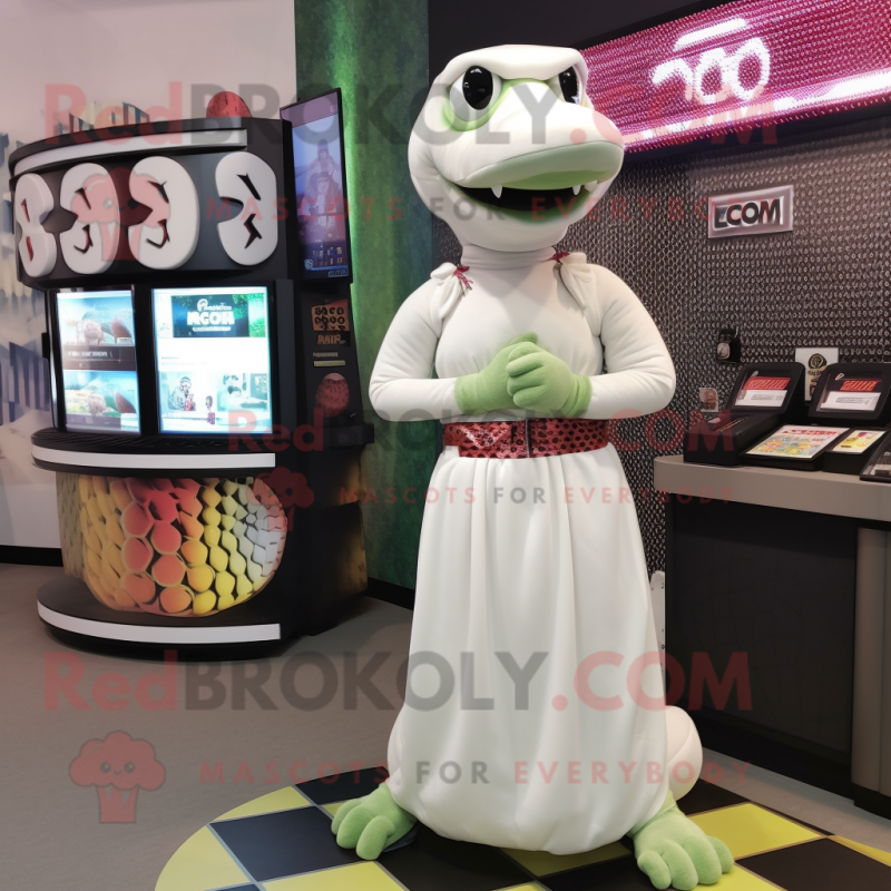 White Anaconda mascot costume character dressed with a Skirt and Keychains