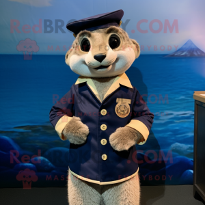 Navy Meerkat mascot costume character dressed with a Jacket and Belts