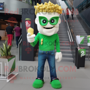 Green Pop Corn mascot costume character dressed with a Skinny Jeans and Hairpins