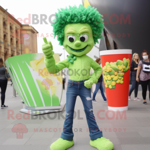 Green Pop Corn mascot costume character dressed with a Skinny Jeans and Hairpins