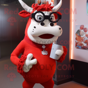 Red Cow mascot costume character dressed with a V-Neck Tee and Eyeglasses