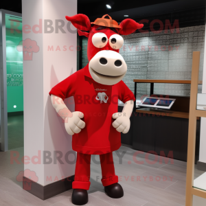Red Cow mascot costume character dressed with a V-Neck Tee and Eyeglasses