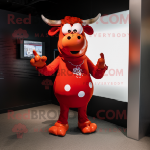 Red Cow mascot costume character dressed with a V-Neck Tee and Eyeglasses