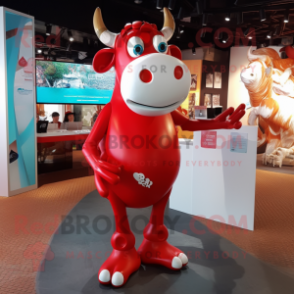 Red Cow mascot costume character dressed with a V-Neck Tee and Eyeglasses