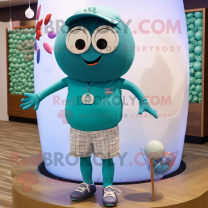 Teal Golf Ball mascot costume character dressed with a Swimwear and Necklaces