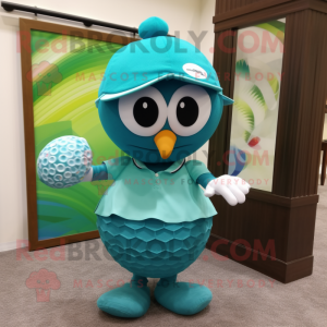 Teal Golf Ball mascot costume character dressed with a Swimwear and Necklaces