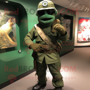 Forest Green Commando mascot costume character dressed with a Baseball Tee and Belts