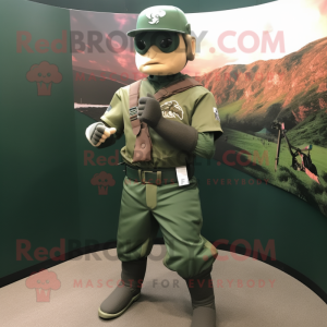 Forest Green Commando mascot costume character dressed with a Baseball Tee and Belts