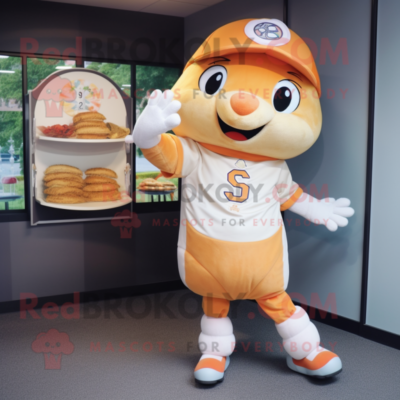 Peach Croissant mascot costume character dressed with a Baseball Tee and Coin purses