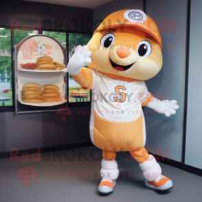 Peach Croissant mascot costume character dressed with a Baseball Tee and Coin purses