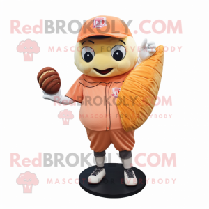 Peach Croissant mascot costume character dressed with a Baseball Tee and Coin purses