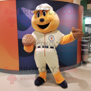 Peach Croissant mascot costume character dressed with a Baseball Tee and Coin purses