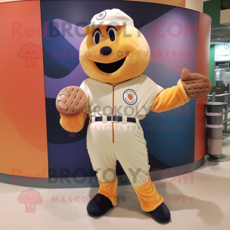 Peach Croissant mascot costume character dressed with a Baseball Tee and Coin purses Peach Croissant mascot costume character dressed with a Baseball Tee and Coin purses