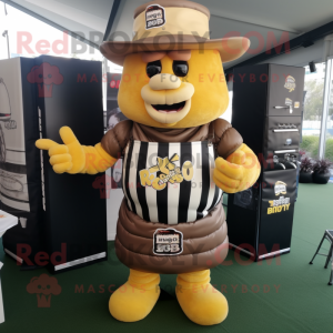Gold Bbq Ribs mascot costume character dressed with a Rugby Shirt and Hat pins