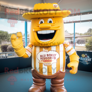 Gold Bbq Ribs mascot costume character dressed with a Rugby Shirt and Hat pins