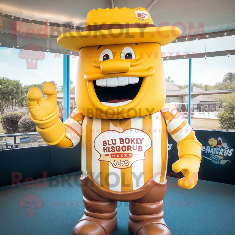 Gold Bbq Ribs mascot costume character dressed with a Rugby Shirt and Hat pins Gold Bbq Ribs mascot costume character dressed with a Rugby Shirt and Hat pins