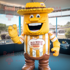 Gold Bbq Ribs mascot costume character dressed with a Rugby Shirt and Hat pins
