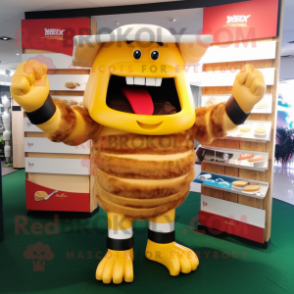 Gold Bbq Ribs mascot costume character dressed with a Rugby Shirt and Hat pins