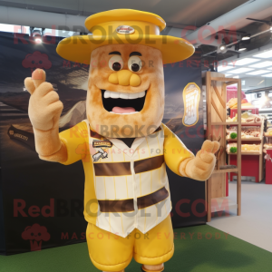 Gold Bbq Ribs mascot costume character dressed with a Rugby Shirt and Hat pins