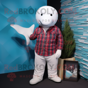 White Beluga Whale mascot costume character dressed with a Flannel Shirt and Lapel pins