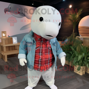 White Beluga Whale mascot costume character dressed with a Flannel Shirt and Lapel pins