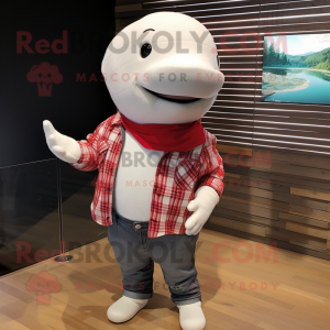 White Beluga Whale mascot costume character dressed with a Flannel Shirt and Lapel pins