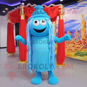 Sky Blue Spaghetti mascot costume character dressed with a Turtleneck and Headbands