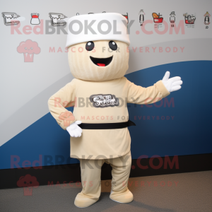 Beige Miso Soup mascot costume character dressed with a Polo Shirt and Beanies