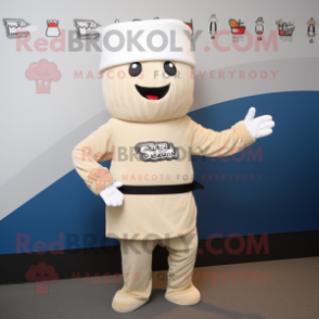 Beige Miso Soup mascot costume character dressed with a Polo Shirt and Beanies