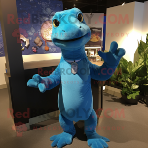 Blue Komodo Dragon mascot costume character dressed with a Shift Dress and Suspenders