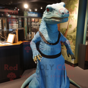 Blue Komodo Dragon mascot costume character dressed with a Shift Dress and Suspenders