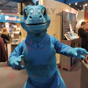 Blue Komodo Dragon mascot costume character dressed with a Shift Dress and Suspenders