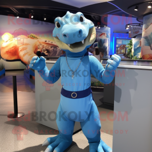 Blue Komodo Dragon mascot costume character dressed with a Shift Dress and Suspenders