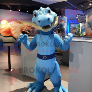 Blue Komodo Dragon mascot costume character dressed with a Shift Dress and Suspenders